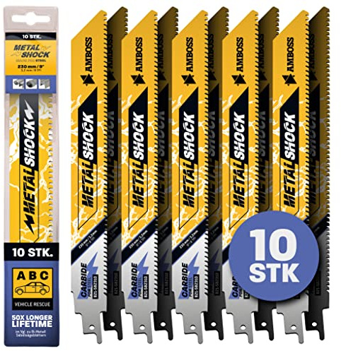 AMBOSS METAL SHOCK - 10x Säbelsägeblatt Länge 230 mm / 8 ZpZ - ideal für Abriss/Fahrzeugrettung/Aufbau/Demontage/Rohrleitungsbau - geeignet für Stahl (Rohre/Profile/Träger) sowie Gussrohre