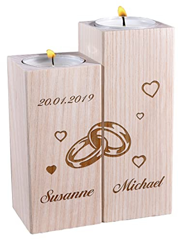 polar-effekt Kerzenhalter 2er-Set aus Holz mit personalisierter Gravur - Motiv: Ringe ineinander - perfekte Geschenkidee - Naturprodukt - Tischdeko - widerstandsfähig - für Hochzeit, Jahrestag