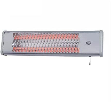 Wall Mounted Heater 1200W Quartz, Silver Chrome, Pull Cord Operation, 2 Heat Settings, Halogen Heater, Suitable for Bathroom, Patio, Garage, Workshop, Laundry Room or Office