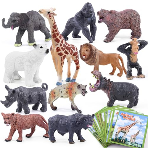 SIENON 12pcs Safari Animals Figure Toys with Flash Cards, Realistic 3.5” Plastic Wild Zoo Jungle Figurines with Elephant Lion Giraffe Bear Gorilla for Kids Educational Playset Party Favors