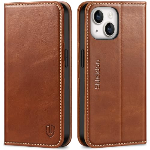 SHIELDON Lederhülle für iPhone 14 6,1 5G 2022, Retro Braun | Echtleder, RFID-Sperre, Kartenfach, Magnet Klapphülle, Standfunktion, TPU Case, Handyhülle, Schutz Phone Etui
