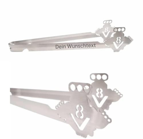 firemeister Grillzange Edelstahl, verschiedene Motive, mit Lasergravur personalisierbar, Geschenkidee (V8 Motor)