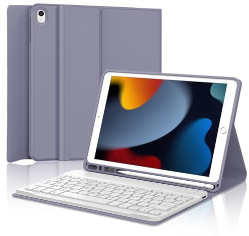 KVAGO Teclado para iPad 9 generación - Funda Teclado Inalámbrico para iPad 10.2 9ª Gen 2021/8ª Gen 2020/7ª Gen 2019, Español Keyboard Bluetooth Desmontable para iPad 10.2/Air 3 /Pro 10.5, Lavanda