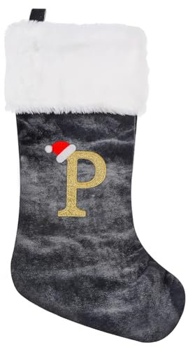 Weihnachtsstrumpf Personalisiert 45 cm Groß Nikolausstrumpf Nikolausstiefel Nikolaussocken zum Befüllen & Aufhängen, Grau Nikolaussocke Weihnachtsdekoration für Kamin, Weihnachtsbaum, Wand, Treppe(P)