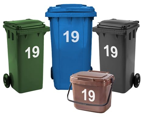 Rubigo 4 x Bin Numbers for Wheelie Bins, 0-99, Letters A-D, 17.5cm Dustbin Stickers, Easy Application Stick On Number Stickers - Weatherproof Self Adhesive Vinyl (19)