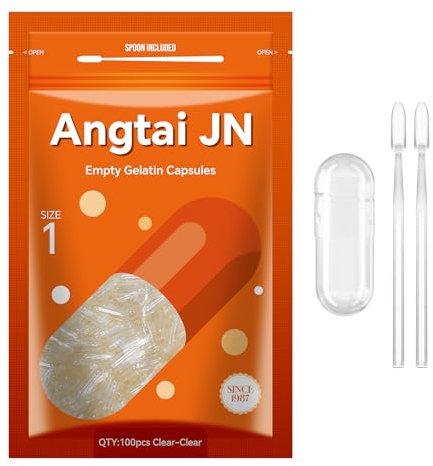 AngtaiJN Capsule Gelatina Vuote 1-Capsule Vuote Trasparenti da Riempire con 2 Microcucchiai, Capsula di Gelatina 1 Fai Da Te Compatibile con il Riempitore di Capsule Misura 1, 100 pezzi