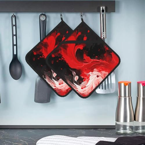 Set di presine rosse, nere e bianche, astratte, resistenti al calore, con tasche, antiscivolo, per cucina, cottura, 20,5 x 20,5 cm