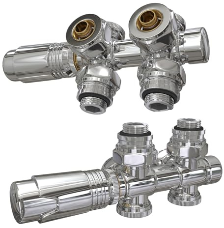 EMKE Hahnblock Multiblock Heizkörper Mittelanschluss, Anschlussarmatur inkl. Thermostatkopf, Ventil-Armaturen Eck und Durchgangsform, Ventilhahnblock für Badheizkörper Chrom G1/2, 2 Stück