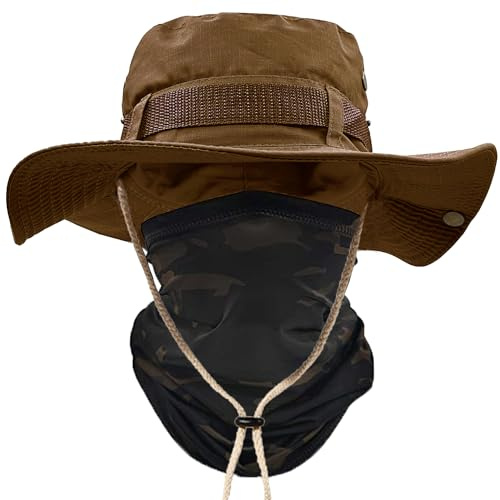 ehsbuy Sonnenhut Herren UPF 50+ Safari Hut Sommerhut Breiter Krempe Camo Wanderhut Armee Boonie Hut mit Kühlender Multifunktionstuch Schlauchschal Outdoor Fischerhut