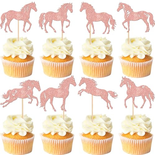 Xsstarmi Cupcake-Topper mit Pferd, glitzernd, Pferderennen, Cupcake-Picks, Dekoration für Tier, Pferd, Reitsport, Babyparty, Geburtstagsparty, Kuchendekorationen, Roségold, 24 Stück