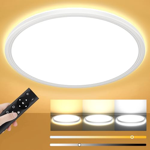 Deckenlampe Led Deckenleuchte Dimmbar mit Fernbedienung - 24W 2400LM Ø30cm H2.4cm Rund Flach LED Panel Decke Lampe für Schlafzimmer Badezimmer Küche Wohnzimmer Kinderzimmer 3000K-6500K IP44 Ultra Dünn