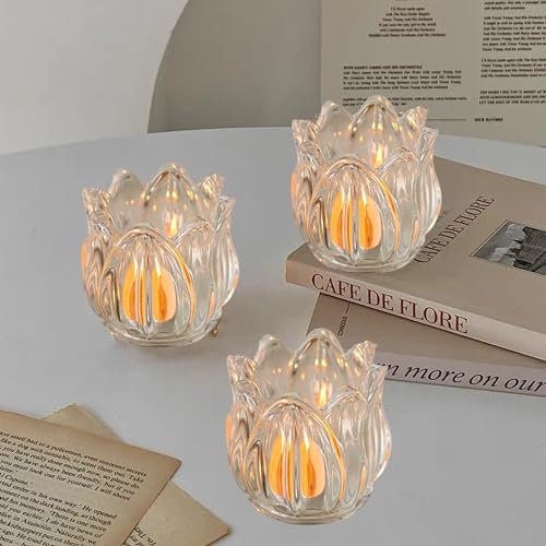 Mausouca Glass Tea Light Votive Candle Holders Set of 6, Crystal Tealight Holders for Wedding, Birthday Party, Home Table Centerpiece Décor (Clear, Tulip Shape)