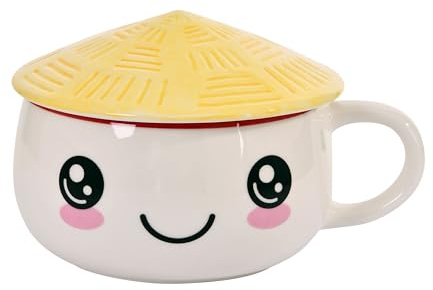 Elbenwald Taza Kawaii con tapa – 450 ml de capacidad 9 cm de altura (con tapa) – para fans del anime, cerámica, color blanco