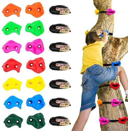 scosao Klettersteine Kinder Outdoor für Klettergriffe Baum, Climbing Holds, Baumklettergriffe Set mit 7 Ratschengurte (10.2ft) für Baumklettern Ninja Klettertraining