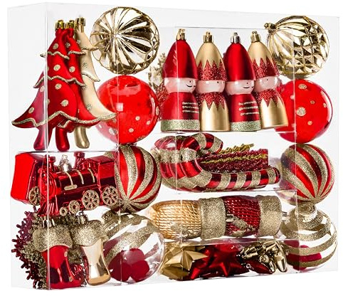 Alupssuc 95-Piece Shatterproof Christmas Baubles Set - Large Mixed Shapes Baubles for Tree Decorations, Red & Gold Traditional Xmas Ornaments Bulk