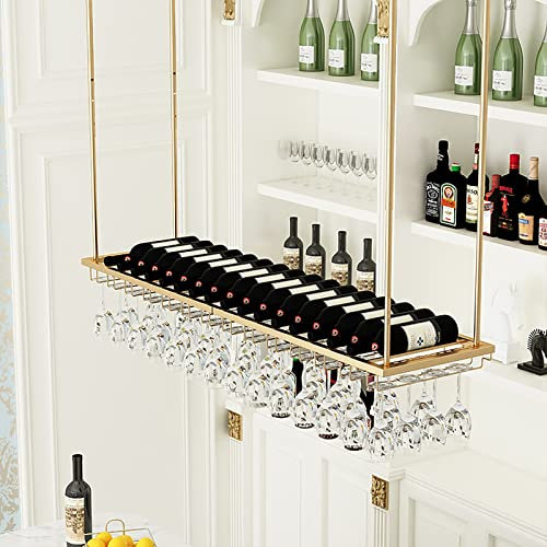 IBOWZ Deckenverzierung Deckenregal Decken-Weinregal aus Gold, Vintage-Weinregal aus Metall mit Glasregal für Weingläser für Unterschrank, Küche, Bar, verstellbare Höhe und Breite