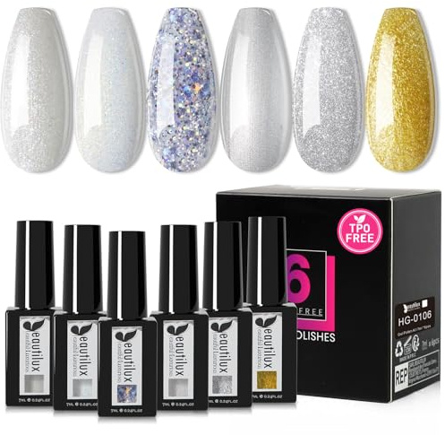 Beautilux HEMA-FREE Nagellack, semi-permanent, Pailletten, ohne TPO, 6 Farben, Gold und Silber, Glitter, UV-Gel, Soak-Off-Set, 7 ml (HG-0106)