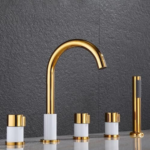 5-Loch Wannenrandarmatur Badewannenarmatur mit Brause, Mischbatterie Badewanne Duschbatterie Modern Gold+Weiß