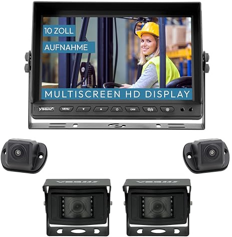 VSG24 Rückfahrkamera 10 IP69K Navigator Profi HD XL Set inkl. 2 x IP69K Kamera & 2 x 1080P Seitenkameras, HD Monitor, Nachtsicht Robustes Rückfahrsystem für Traktor LKW Baumaschinen