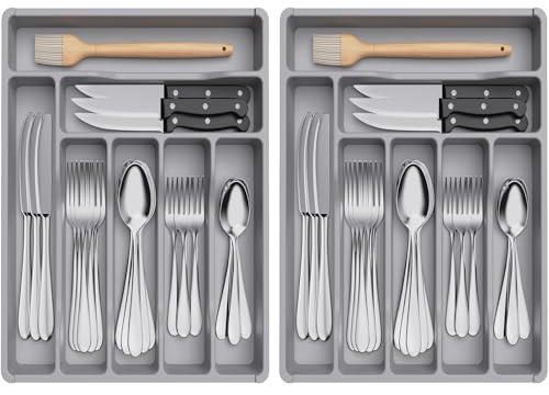 Lifewit 2 Stk. Besteckkasten, 31 x 36 x 4,6 cm Besteckeinsatz für Schubladen, 5 Fächer Schublade Besteck Organizer für Küche, Kleiner Kunstsoff Besteckhalter Besteckkorb für Löffel/Gabeln/Messer, Grau