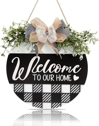 CHDITB Willkommen Türschild,Willkommensschild Haustür,Haustür Deko Kränze, Welcome to our home Holzschild Haustür,Türschild Willkommen Haustür,Türkranz Herzlich,Zum Aufhängen Wanddeko Garten Deko