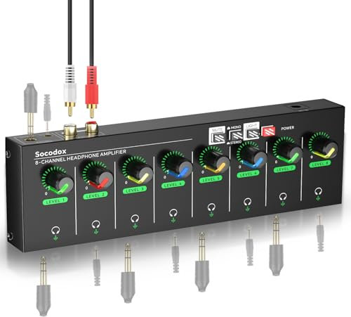 socodox Amplificateur de Casque à 4 canaux avec Prises RCA 3,5 mm/6,35 mm, mélangeur Compact en métal avec 8 Ports de Sortie pour Casque, Interrupteur stéréo, Fonction muet, lumière RVB (8 canaux)