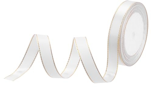 QUARKZMAN Satinband Geschenkband Weiß 15mm Brei mit goldenem Rand, 22m Dekoration Geschenkband, Schleifenband Satin für Hochzeit, Bastelarbeiten und Geschenkverpackung