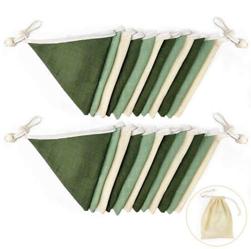 2Pack Sage Green Bunting Banner Nursery Garland Olive Green Double Sided Fabric Triangle Flags Pennant Streamers for Kids Jungle Safari Summer Boho Birthday Baby Shower Room Party Decorations