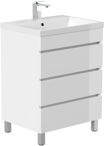 Lomadox Waschtisch 70 cm weiß Hochglanz stehend mit 3 Schubladen