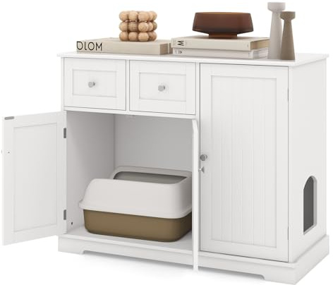 SOARS Katzenschrank mit Katzenklo und 2 Schubladen, 3 Türen | Katzenkommode mit Seiteneingang, Anti-Kipp-Vorrichtung und Katzenhöhle für Innenbereich, 100 x 45 x 80cm
