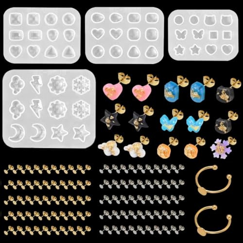 DeryArcle Silikonformen Gießformen Ohrringe, Silikon Epoxidharz Gießform Schmuck Set mit 100 Stück Ohrstecker Rohlinge und 2 Stück Ringfassung, Gold Silber Ohrringe Schmuckherstellung Set