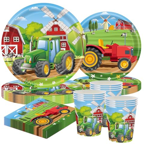 Traktor Partygeschirr Set, 10 Gäste Bauernhof Kindergeburtstag Deko, Pappteller 9/7, Tassen, Servietten für Traktor Geburtstag Mottoparty Einweggeschirr für Jungen Mädchen