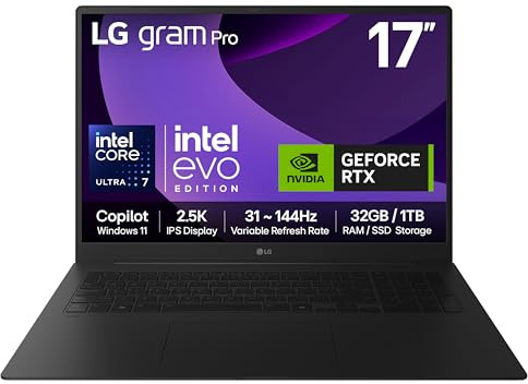 LG gram Pro 17Z90TR-E - 17 inch 2.5K 144Hz VRR, Ultra-Lightweight Laptop, Intel Core Ultra 7 255H, NVIDIA GeForce RTX 5050, 32GB RAM, 1TB SSD, Windows 11 Home, Copilot, Hybrid AI, Black (2025)