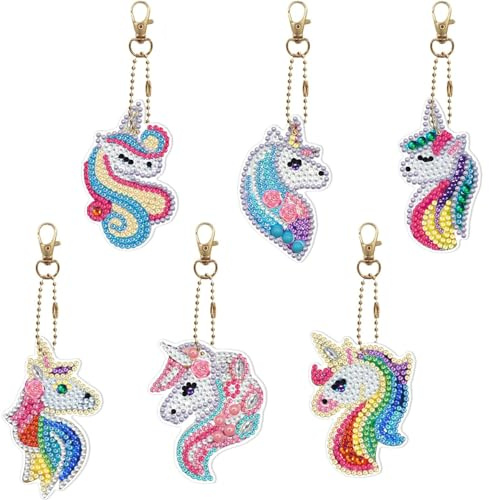 Barlone 6 Stück 5D Diamond Painting Schlüsselanhänger, Bastelset Kinder ab 6 Jahre, Basteln Sie Ihre Eigenen Einhorn Schlüsselanhänger, Diamond Painting Kinder für Mädchen im Alter von 6-12 Jahren