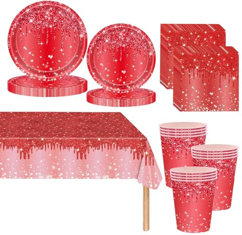 Red Shiny Glitter Diamond Paper Tableware for Adults/Kids,81pcs Bling Red Christmas Party Dinnerware Paper Plates Cups Napkins and Tablecloth Kit,Birthday Xmax Party Supplies Table Decorations
