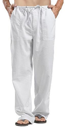 Relwxea Men's Linen Trousers Loose Fit Summer Beach Yoga Pants Elastic Drawstring Trouser Straight Legs Lightweight Trouser White L