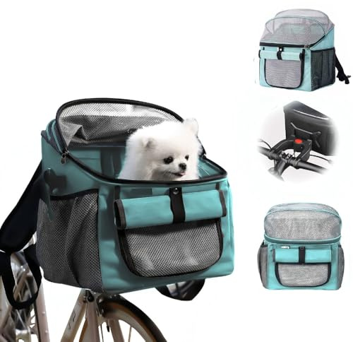 Cykelkorg för hundar, cykelväska för husdjur, hundkorg fram 5 kg, andningsbar hundcykelkorg fram, vikbar cykelkorg för hundar med styreadapter för ridning, camping (blå)