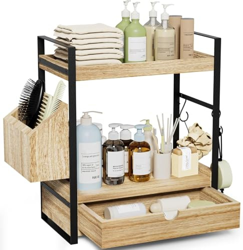 Kottwca Organizzatore per Bagno a 2 Livelli con Cassetti, Cestini e 2 Ganci, Organizzatore per Piano di Lavoro in Legno con Struttura in Metallo, Multifunzionale Portaspezie, Scaffale da Bagno per
