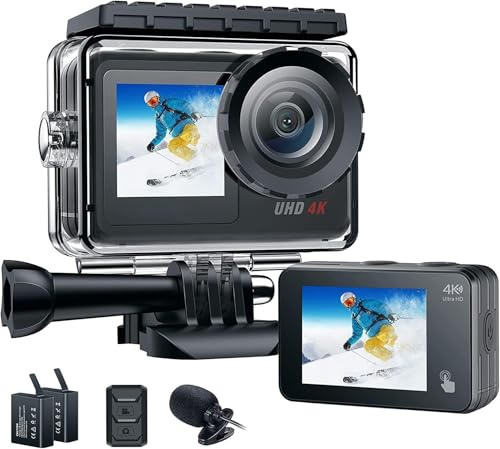 Cámara de acción 4K, gran angular de 170° WiFi cámara subacuática con mando a distancia, 2 baterías, kit de accesorios para hielo y casco, cámara impermeable para snorkel, vlogging, buceo deportivo