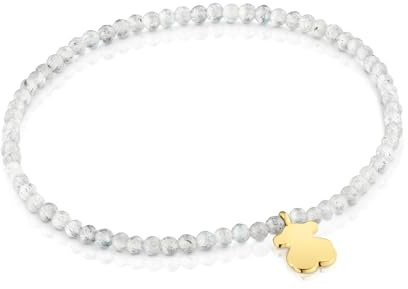 TOUS Pulsera Elástica para Mujer con Bolas Redondas Facetadas de Labradorita Gris y Motivo Oso con Baño de Oro 18 Kt Sobre Plata, 17cm de Largo, Colección Motivos
