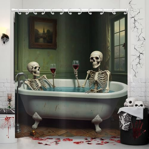 Cortina de ducha Halloween 165x180, Hnmdmyi Divertidas calaveras Cortinas de ducha Esqueleto gótico en la bañera Terror Espeluznante Impermeable Tejido de poliéster Lavable Cortina de baño con ganchos