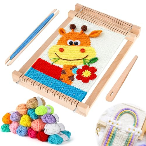 Kigift Vävram för barn, vävstol för barn från 4 år, vävstolsset i trä, vävram för elever och nybörjare, tillverkad av handgjorda verk, med 16 färger stickgarn och tillbehör