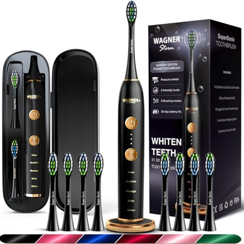 Wagner Stern WHITEN+ Edition. Intelligente elektrische Zahnbürste mit Drucksensor. 5 Putzmodi und 3 Intensitätsstufen, 8 weiche Bürstenköpfe, hochwertiges Reiseetui.