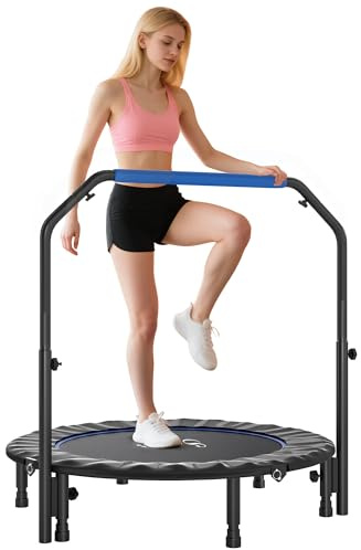 HOMCOM Trampolín de Fitness Adultos Ø114 cm, Cama Elástica Plegable con Mango Ajustable de 4 Niveles, Marco de Acero, para Entrenamiento Piernas, Cuerpo en Hogar, Oficina, Gimnasio, Azul y Negro