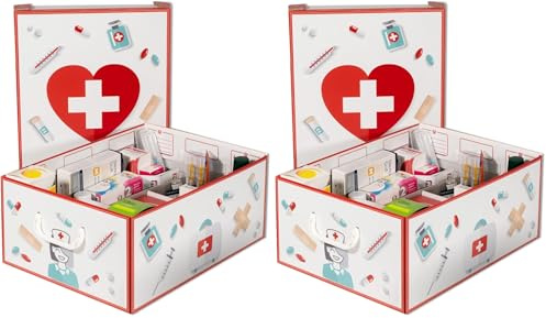 Lavatelli PHARMA ORGANIZER, Medikamentenbox mit Teilern, Hausapotheke box karton für Medikamente, 32x42x17,5 cm, Apothekenbox + Erste-Hilfe-Kasten + 4 Pharma-Karten, Weiß (Packung mit 2)