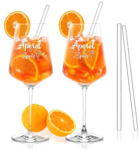 ZoneYan Vasos Aperol Spritz, 2 Piezas Copas Vino Cristal, 2 Pajitas de Cristal, Copas de Vino Tinto, Gran Regalo Para Los Fans De Aperol