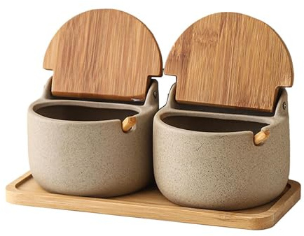 Récipient à sel – Ensemble de rangement de cuisine élégant de 22 cm | Porte-sel polyvalent en céramique – Design élégant avec cuillère et couvercle en bois, idéal pour l'assaisonnement sur
