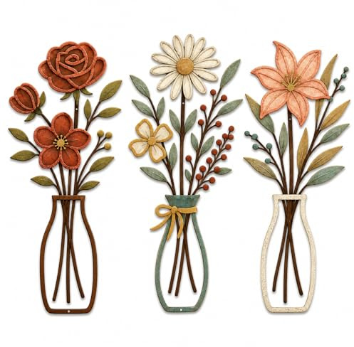 3 Stück Metall Blumen Vase Wanddekoration in Braun, Wandkunst Badezimmer Dekoration Minimalistische Wanddekor für Wohnzimmer Schlafzimmer Garten, Rustikales Haushaltsdekor, Hauswärmung (Tulpe)