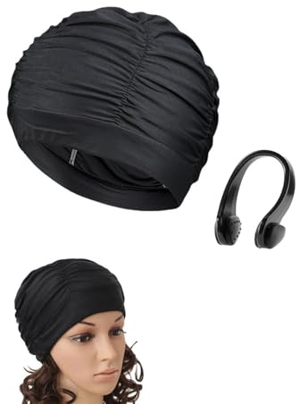 YIPFEN 2 Kit Nuoto Donna: Cuffia Capelli Lunghi Nera (1x) + Pince-Nez Grigio (1x), Ideale per protezione massima di capelli e naso in piscina, AquaGym o nuoto intensivo, garantendo comfort