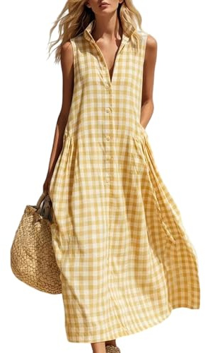 Women's Gingham Tartan Dress Check Linen Blend Shirt Dresses Sleeveless Stand-up Collar Long Casual Midi Dress with Pockets for Summer Beach Picnic Holiday Outfit UK